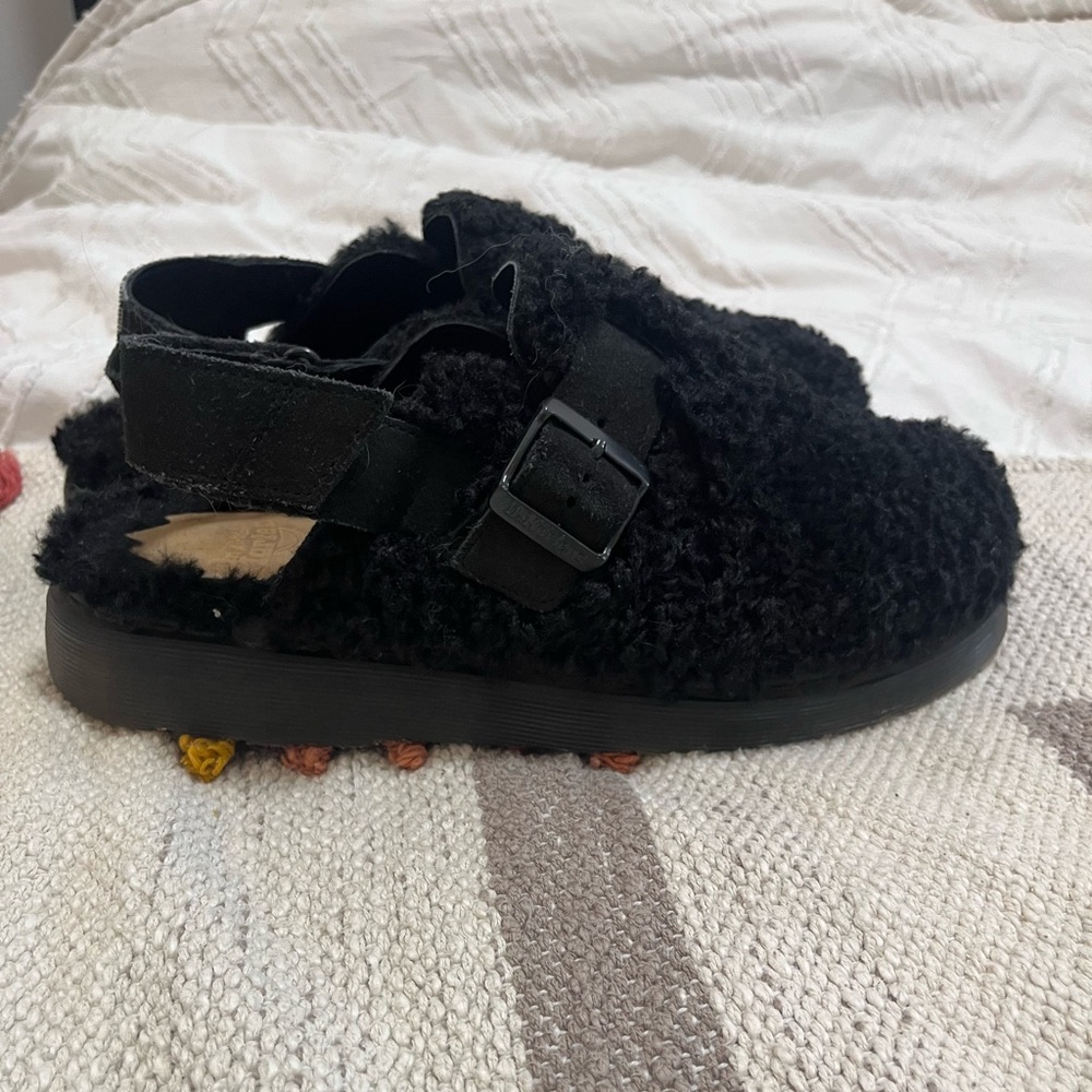 Dr. Martens Black Fuzzy Sandals with Buckle